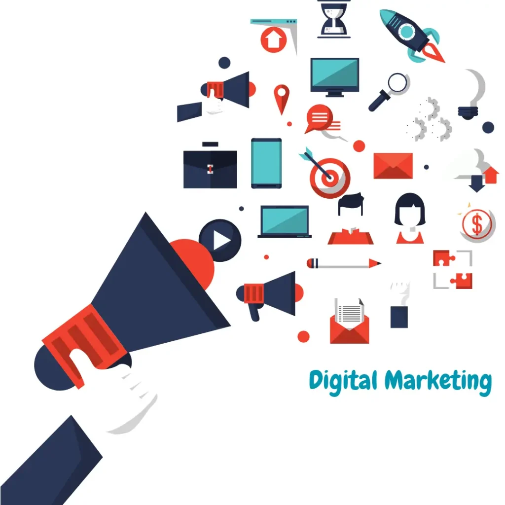 Digital marketing concept illustration with megaphone and icons for SEO, social media, email, mobile, and web analytics by the best freelance digital marketer in Kollam.
