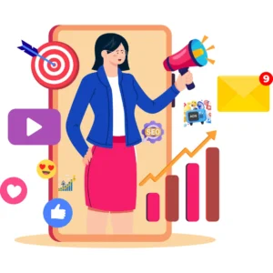 Social media and performance marketing illustration with a megaphone, rising growth charts, ADS icon, SEO badge, and email notification, by the best freelance digital architect in Kollam.