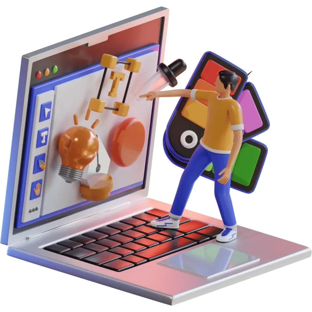 3D graphic design illustration with designer, laptop, lightbulb, and color palette, emphasizing creativity from the best freelance digital marketer in Kollam.