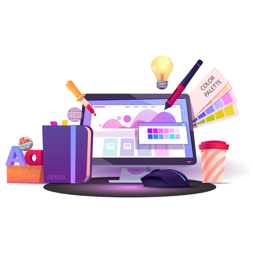 Web design and development illustration with computer, color palette, and design tools, representing a service by the best freelance digital marketer in Kollam.