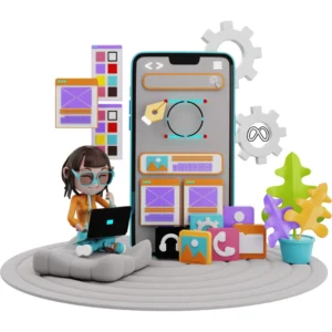 No.1 freelance marketing strategist in Kollam providing UI/UX and web development services. 3D character designing mobile app layout on a laptop.