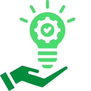 Expert freelance brand consultant solution icon: Hand holding a lightbulb with a gear and checkmark, symbolizing a successful digital strategy.